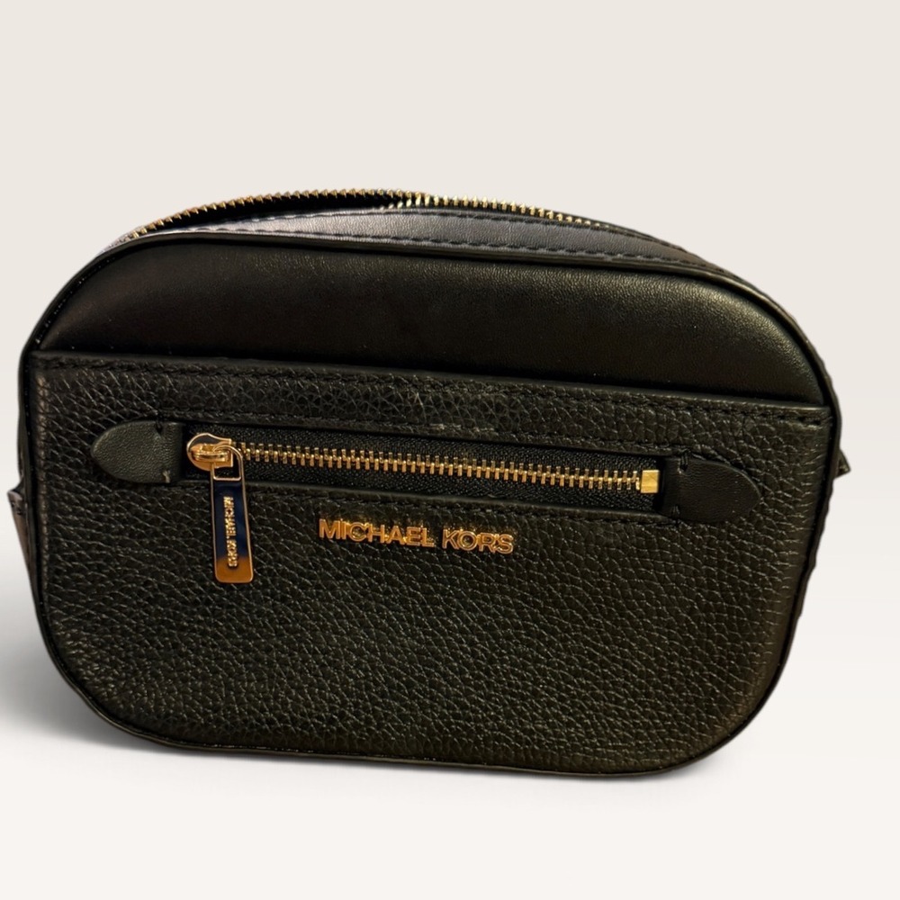 Michael Kors Black Pebbled Leather Belt Bag Logo Strap Waist Pack Gold Hardware